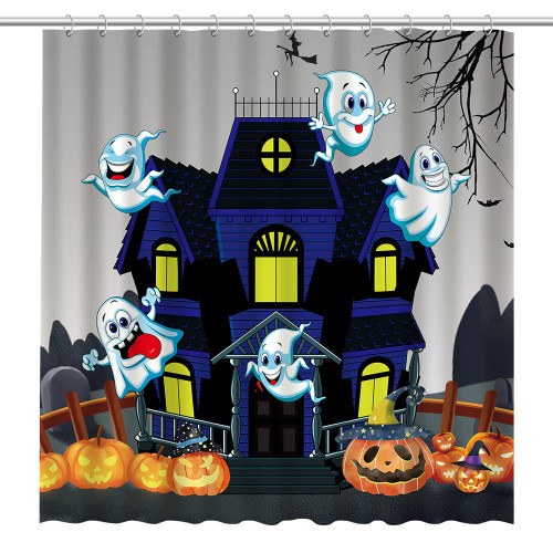 TOKTILIKT Halloween Funny Theme Cute Ghosts Scary Pumpkin Lantern Bathroom Shower Curtain Set with 12 Plastic Hooks Waterproof Bathroom Decoration Supplies 72x72in