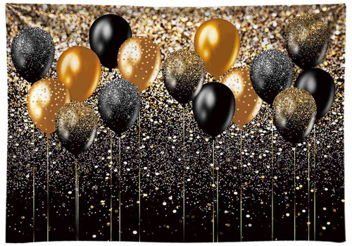 Funnytree 7X5FT Soft Fabric Balloons Backdrop Black and Gold Glitter Background Birthday Halloween Graduation Prom Party Banner Cake Table Decor Portrait Photo Studio Photobooth Props Gift Supplies
