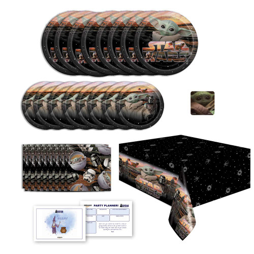 Baby Yoda Mandalorian The Child Themed Happy Birthday Party Supplies for Kids, Serves 16, Decor and Dinnerware with Table Cover, Plates, Napkins, Sticker and Party Planning List