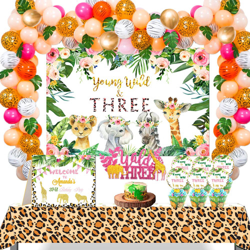 Young Wild and Three Decorations Girl, Young Wild & Three Backdrop, Young Wild & Three Cake Topper, Wild Balloons, Tablecloth, Cupcake Toppers, Party Sign for Young Wild and Three Decorations