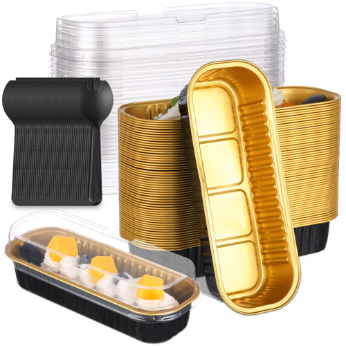 Roshtia 150 Pcs Mini Loaf Baking Pans with Lids and Spoons Aluminum Foil Mini Loaf Pans 6.8oz Rectangle Mini Cake Pans Disposable Muffin Baking Tins for Cupcake Cheesecake Bread (Black and Gold)