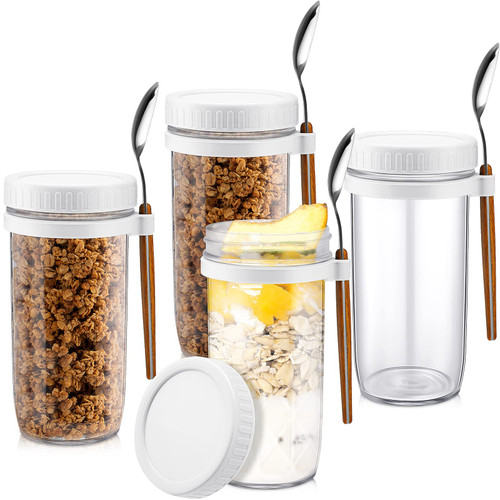 SEEWEY 4 Sets Overnight Oats Containers with Lids and Spoon Overnight Oats Jars Mason Jars 21oz Airtight Oatmeal Container Glass Oats Jars with Lids for Cereal Yogurt Parfait Milk Fruit Salad (Gray)