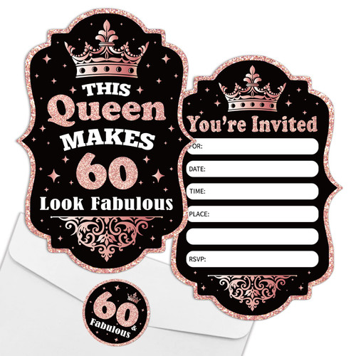 REWIDPARTY Rose Gold 60th Birthday Party Invitations with Envelopes & Stickers?Set of 15? 60th Birthday Shaped Fill-in Invitations Happy 60th Birthday Invites Cards Birthday Party Supplies for Women