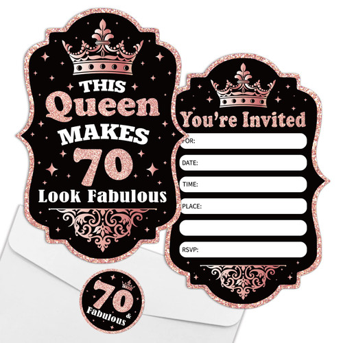 REWIDPARTY Rose Gold 70th Birthday Party Invitations with Envelopes & Stickers?Set of 15? 70th Birthday Shaped Fill-in Invitations Happy 70th Birthday Invites Cards Birthday Party Supplies for Women