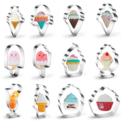 Ice Cream Cookie Cutters Set of 12, Stainless Steel Metal Cupcake Biscuit Molds Cookie Cutter for Making Ice Cream Cone, Popsicle, Soft Serve Ice Cream, Ice Cream Sundae, Sweet Summer Baking Tools