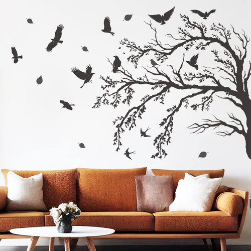 WOYINIS Black Tree Branch Birds Wall Decal Flying Birds on Branch Wall Stickers Peel & Stick Living Room Bedroom Classroom Office Wall Decor
