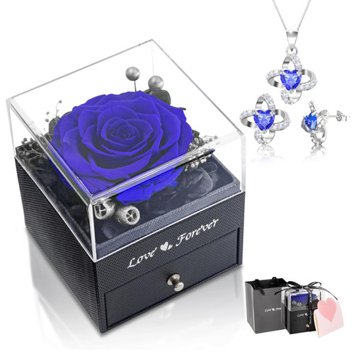 Preserved Real Rose with Necklace Earrings Set, Eternal Rose Flowers Gifts for Anniversary Birthday Valentine's Day Mothers Day Christmas, Jewelry Set for Women Mom Girlfriend Wife Grandma Her