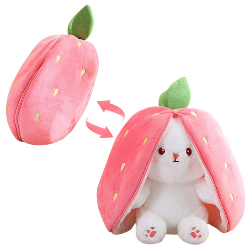 YUELE Reversible Bunny Stuffed Animal Plush Toy with Zipper, Bunny Pillow Decoration, Cute Bunny Plushie Birthday Gift for Boys Girls (10In Strawberry)