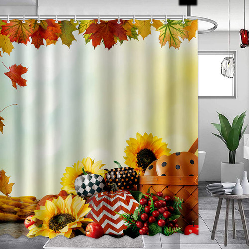 APROPHIC Shower Curtain Fall Sunflower Maple Leaf Pumpkin Autumn Bathroom Decor Bathtub Shower Room Harvest Thanksgiving Shower Curtain Set with 12 Hooks 72''X72''