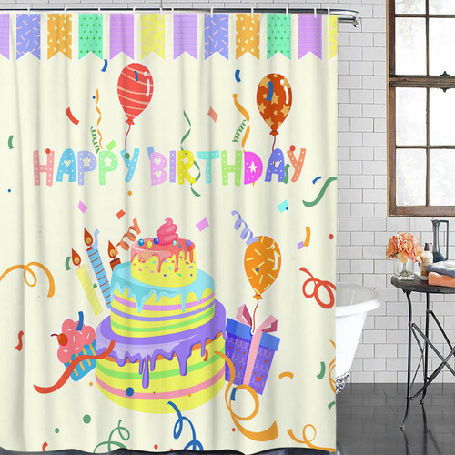 zzsunfeel Waterproof Shower Curtain Sets with 12 Hooks, Birthday Cake Colorful Balloons Ribbons 72x72 Inches Bathroom Decoration Shower Curtain for Bathtub Washable Bath Curtain