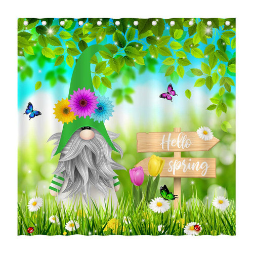 Juirnost Hello Spring Gnomes Shower Curtain Green Leaves Easter Butterfly Flower Grass Shower Curtain for Bathtubs Bathroom with 12 Hooks Waterproof Washable Durable Polyester Fabric 72" x 72"