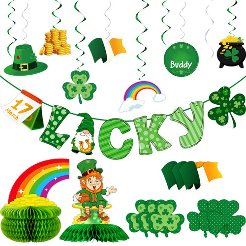 Zonon 19 Pieces St. Patrick's Day Banner St. Patrick's Day Honeycomb Centerpiece St. Patrick' Day Hanging Decorations Shamrock Cutouts Cards St. Patrick's Day Baby Shower Decorations Procession