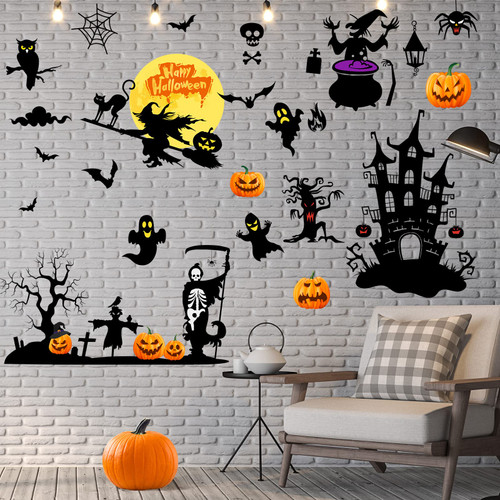 Halloween Wall Decals Tall Halloween Home Wall Decal Bats Ancient Castle Halloween Home Decor Removable DIY Wall Art for Halloween Party Supplies (Vivid Style, 6 Sheets)
