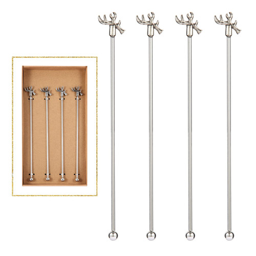 Coffee Stirrers Reusable Swizzle Sticks Deer Antlers Stainless Steel Coffee Beverage Stirrers Cocktail Drink Stir Sticks, 7.28inch Silver Set of 4