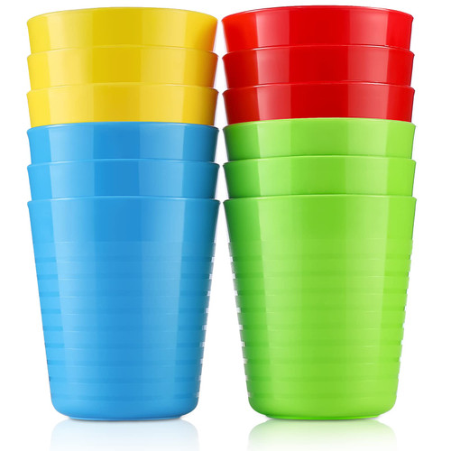 Mfacoy Kids Plastic Cups Set of 12-8 oz Toddler Cups Reusable - BPA-Free Drinking Cups for Kids - Dishwasher Safe - Bright Colored - Unbreakable Kids Cups