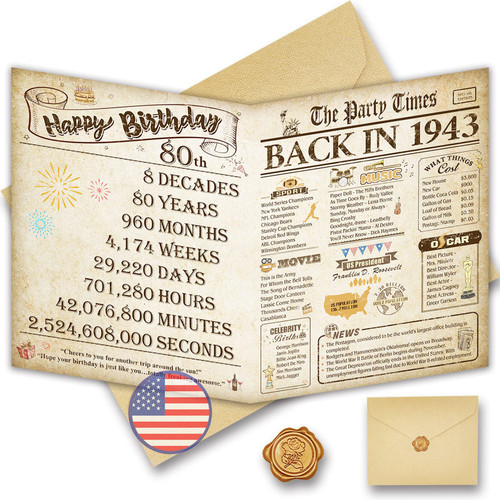 Funny 80th Birthday Cards For Women or Men, Double-Sided Classy Vintage Birthday Gifts Poster Card for Him or Her 80 years old, Ideal Bday Gifts For Mom Dad Brother Sister Husband and Wife, Back In 1943, Jumbo size 8x10" Funny 80th Birthday Cards For Women or Men, Double-Sided Classy Vintage Birthday Gifts Poster Card for Him or Her 80 years old, Ideal Bday Gifts For Mom Dad Brother Sister Husband and Wife, Back In 1943, Jumbo size 8x10"