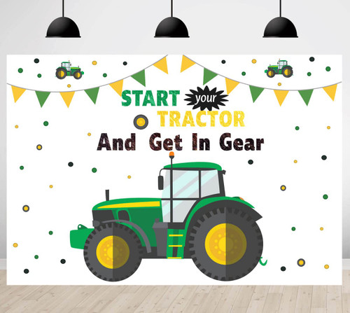 Tractor Birthday Party Backdrops Boys Green Start Tractor and Get in Gear Photography Background Kids Happy 1st Birthday Baby Shower Party Photo Banner for Cake Table Supplies 5x3ft