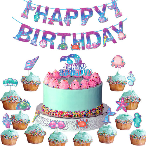Happy Birthday Banner Mermaid Mermaid Banner Cupcake Toppers Mermaid Birthday Party Decoration Mermaid Banner for Under The Sea Theme Party, Baby Shower, Mermaid Party Gift, 17 PCS Happy Birthday Banner Mermaid Mermaid Banner Cupcake Toppers Mermaid Birthday Party Decoration Mermaid Banner for Under The Sea Theme Party, Baby Shower, Mermaid Party Gift, 17 PCS