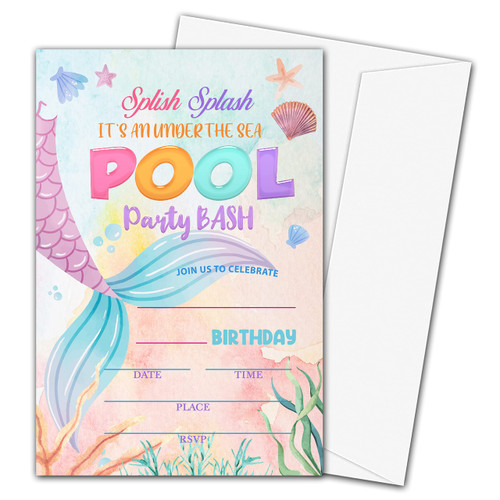 Mermaid Under the Sea Pool Birthday Party Invitation Cards - Boys or Girls Birthday Party Invite Fill-in Card, for Kids and Teens Bday Party Celebration Supplies, 20 Invites With Envelopes - A016 Mermaid Under the Sea Pool Birthday Party Invitation Cards - Boys or Girls Birthday Party Invite Fill-in Card, for Kids and Teens Bday Party Celebration Supplies, 20 Invites With Envelopes - A016