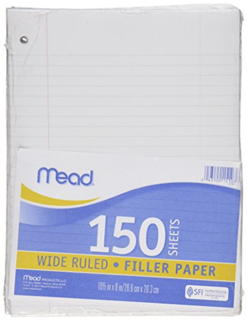 Mead Filler Paper, Loose Leaf Paper, Wide Ruled Paper, 150 Sheets, 10-1/2" x 8", White (15103)