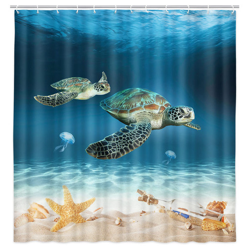 bzwcbei Turtle Shower Curtain, Nautical Sea Jellyfish Shell Starfish Fabric Bathroom Shower Curtains, Ocean AnimalShower Liner with Hooks Include 69x70inches