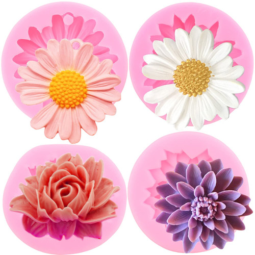 Mujiang Chrysanthemum Flower Silicone Mold Flower Blossom Fondant Molds For Cupcake Topper Candy Chocolate Polymer Clay Gum Paste Cake Decorating Set Of 4