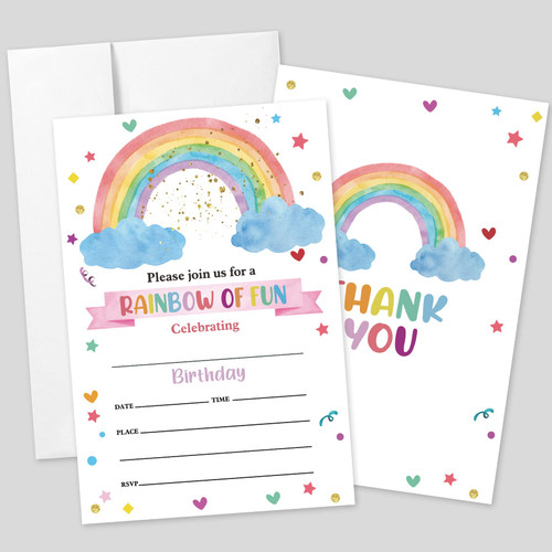 20 Sets Rainbow Birthday Party Invitations With Envelopes,Colorful Rainbow and stars Doodle Double-sided Printed Birthday Party Invitation Invite Cards for Girls Boys Kids,Rainbow Baby Shower Invites