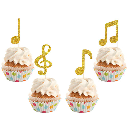 INNORU Pack of 24 Music Note Cupcake Toppers - Glitter Musical Rock Theme Cake Toppers - Birthday Cake Decor Wedding Anniversary Musical Symbols Baby Shower Party Supplies for Cupcake Toppers - Gold