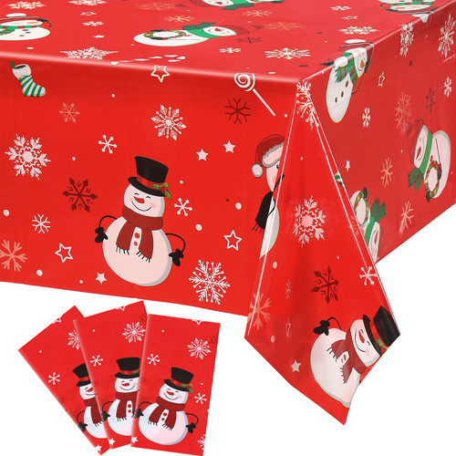 Snowman Christmas Party Tablecloth Decorations Plastic Snowman Snowflakes Table Cover Winter Snowman Christmas Tablecloth for Xmas Holiday Birthday Party Decorations, 54 x 108 Inch (Red, 3 Pieces)