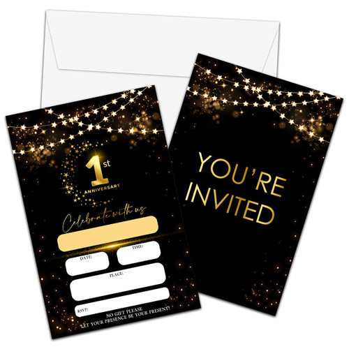 1st Anniversary Invitations Cards, Black Gold Glitter Wedding Anniversary Invitations with Envelopes, Celebrate With Us Fill-in Invites Cards, Anniversary Party Supplies Decorations(Pack of 25)