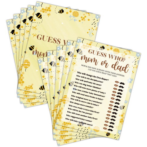 Baby Shower Game Set - Guess Who Mom Or Dad Gender Reveal Party Decor Supply - Bumble Bee Baby Shower Games & Activities - Honey Honeycomb Game Pack For Boys and Girls - 30 Game Cards(A04)