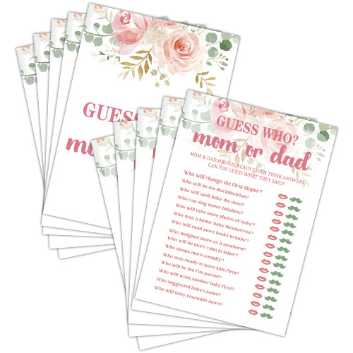 Baby Shower Game Set - Guess Who Mom Or Dad Gender Reveal Party Decor Supply - Floral Greenery Baby Shower Games & Activities - Blush Pink Game Pack For Boys and Girls - 30 Game Cards(C04)