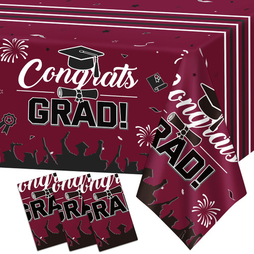 Graduation Tablecloth Maroon Black 3pcs, Maroon Graduation Party Decorations Supplies 2023 Maroon Black Congrats Grad Tablecover Plastic Class of 2023 Decorations Congrats Grad Party Supplies-54"x108"
