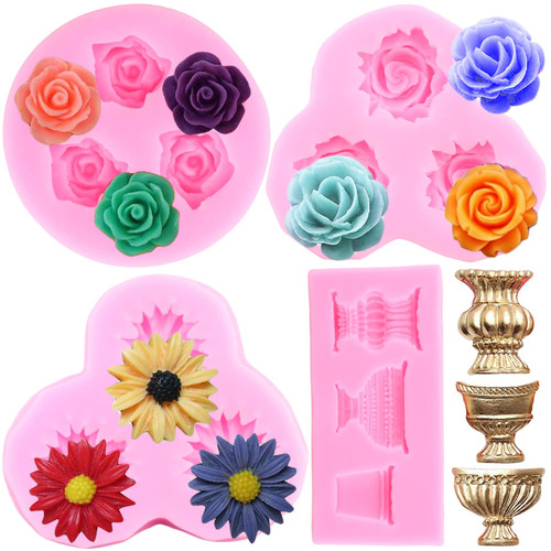 Mujiang Flower Fondant Cake Molds Daisy Rose Flower Silicone Molds Flower Vase Gum Paste Mold For Cake Decorating Cupcake Topper Chocolate Candy Polymer Clay Set Of 4