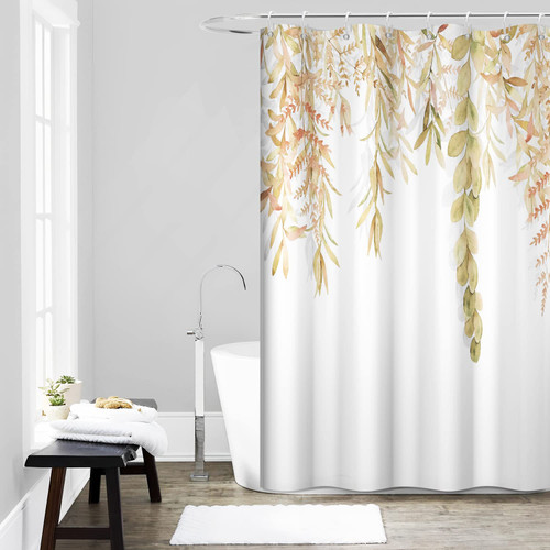 LFEEY Eucalyptus Shower Curtain, Tan Leaves Shower Curtain Set for Bathroom Waterproof Fabric Watercolor Botanical on The Top Farmhouse Bathroom Decor with Hooks, 60x72 Inch