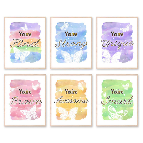HOMANGA Girls Room Decor Posters, Girls Room Wall Art, Wall Posters For Teen Girls Room, Butterfly Kids Room Wall Art Prints, Motivational Girls Wall Decor Prints for Bedroom, Nursery Room, Playroom (Set of 6, 8X10 Inch, Unframed)