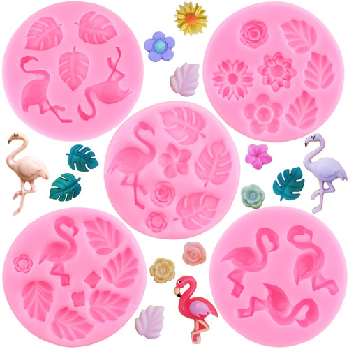 Zixiang Flamingo Fondant Mold Tropical Leaf Silicone Molds Monstera Leaves Candy Molds For Tropical Hawaiian Cake Decorating Cupcake Topper Chocolate Gum Paste Polymer Clay Set Of 5