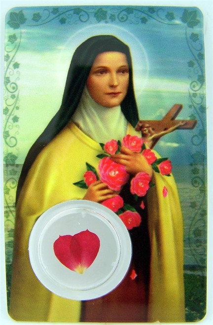 Religious Keepsake Gift 3 1/4" Laminated Saint St Therese of Lisieux Little Flower of Jesus Holy Prayer Card with Rose Petal