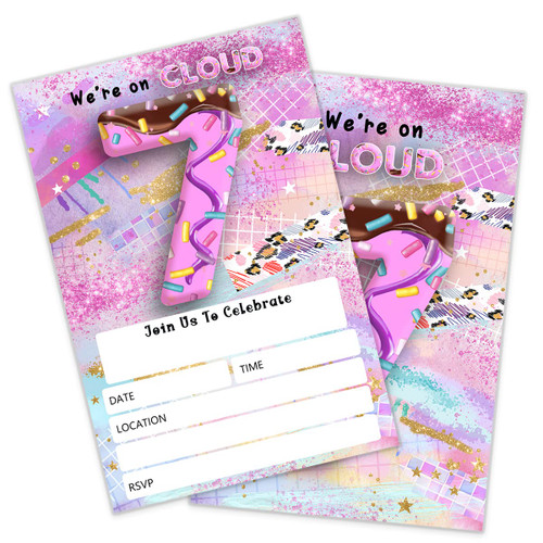 7th Birthday Invitation Girl, 80's Neon Candy Chocolate Pink Stars Sprinkles Confetti Birthday Invitation, 80sn Party Celebration, Birthday Party Supplies (20 Invites + Envelopes)