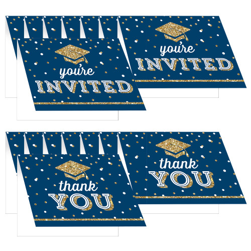 Creative Converting Glittery Grad 8 Count You're Invited Party Invitations and 8 Count Thank You Cards - Graduation Supplies for Class of 2023 Bulk Supply Set in Blue & Gold Celebrate