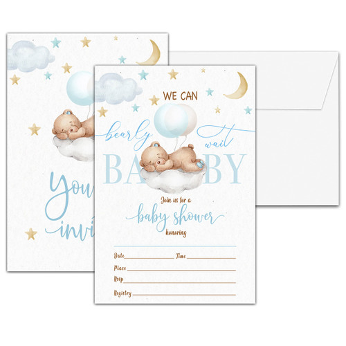 Balloons Bear Baby Shower Invitations, We Can Bearly Wait Gender Neutral Invitation, Double-Sided Moon and Stars Fill In Invites, Gender Reveal Party Decorations, 25 Cards With 25 Envelopes(A05)
