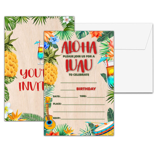 Aloha Birthday Party Invitations, Summer Birthday Invitation, Double-Sided Hawaiian Pineapple Themed Fill In Invites, Kids Tropical Luau Birthday Party Decorations, 20 Cards With 20 Envelopes(C03)