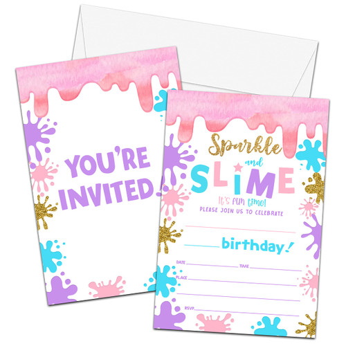 Slime Birthday Invitations Cards for Girls Boys, Double -Sided Sparkle and Slime Fill-in invites, Slime Birthday Party Supplies Decorations (20 Invites + 20 Envelopes) -42