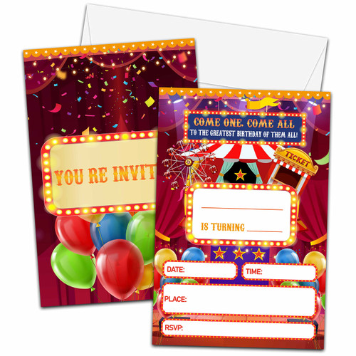 Carnival Birthday Party Invitations Cards, Kids Circus Birthday Invitation, Double-Sided Fill-in invites for Boys/Girls, 20 Invitation with Envelopes, Carnival Birthday Party Supplies Decorations -09