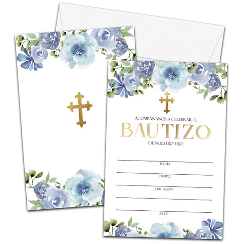 Blue Flowers Baptism Invitations Cards, Gold Foil Bautizo Invitation In Spanish, Invitacione De Bautizo, First Holy Communion / Religious Christening Celebration Invitation, 25 Fill-in invites with Envelopes -I01