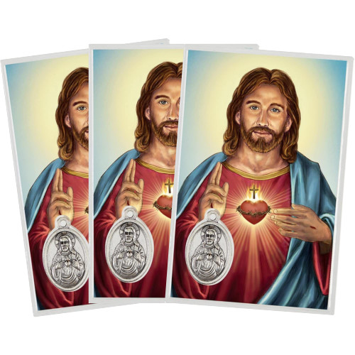 Sacred Heart of Jesus Holy Prayer Card with Medal, Pocket Sized Devotional Prayers to Saints, Great for Bible Bookmarks and On The Go Praying, Pack of 3, 3.5 Inches