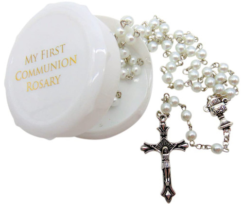 Girl's First Communion Rosary Set White Glass Bead with Metal Chalice Centerpiece and Crucifix with Case and Catholic Holy Prayer Card Girl's First Communion Rosary Set White Glass Bead with Metal Chalice Centerpiece and Crucifix with Case and Catholic Holy Prayer Card