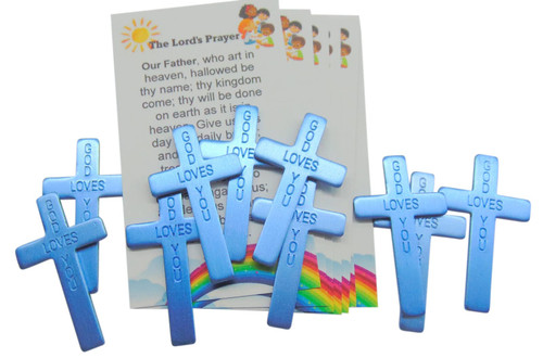 Westmon Works Pocket Cross Bulk Pack with Blue Metal Crosses and Our Father and Hail Mary Prayer Cards, Set of 10