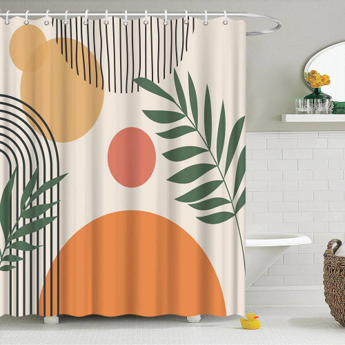 TFGGNDF Mid Century Abstract Shower Curtain Boho Geometric Modern Green Leaves Sun Abstract Arched Lines Minimalist Neutral Home Bathroom Decor Polyester Fabric with Hooks 70x70 Inch