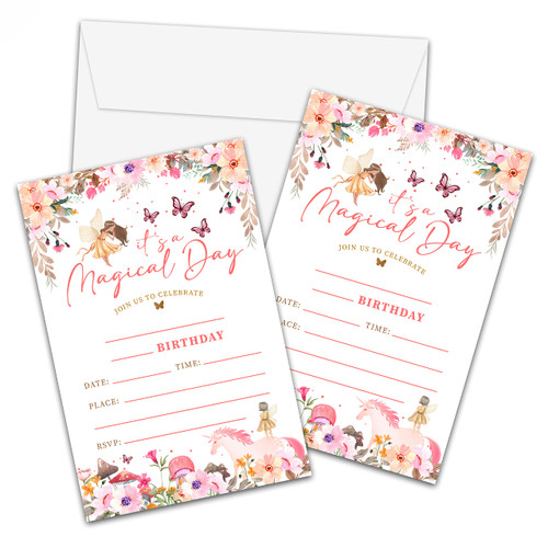 Fairy Birthday Invitations with Envelopes - Fairy Garden Princess Girl Birthday Party Fill-in Invites Cards - Magical Party Celebration (20 Pack)-05